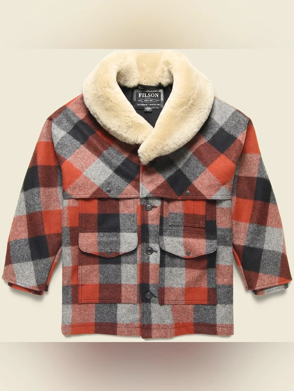 FILSON - Lined Mackinaw Wool Packer Coat in Black / Charcoal / Rust, Men’s 3XL